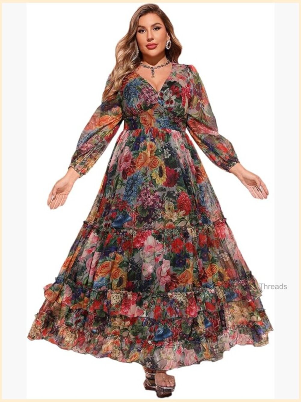 V Neck Floral Print Maxi Dress Long Sleeve Plus Size Cotton Blend